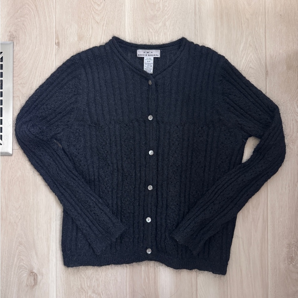 VTG AKA Eddie Bauer Mohair & Wool Blend Cardigan Black Size Small
